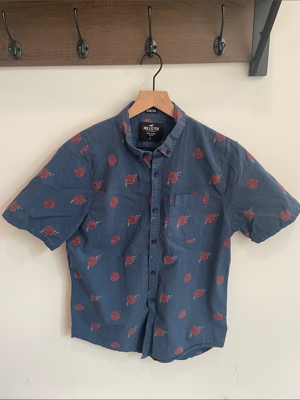 Hollister Navy Short-Sleeve Button-Down Shirt with Red Rose Pattern